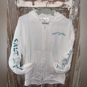 Salt Girl White Zip-Up Hoodie – Sea Turtle Graphic – Drawstring Hem Size Med